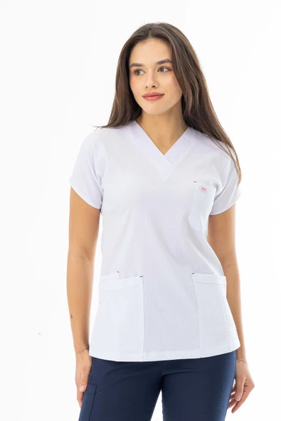 Gofre Likra Yarasa Kol Doktor Hemşire Tek Üst Forma  Beyaz (GFR3003) - 3