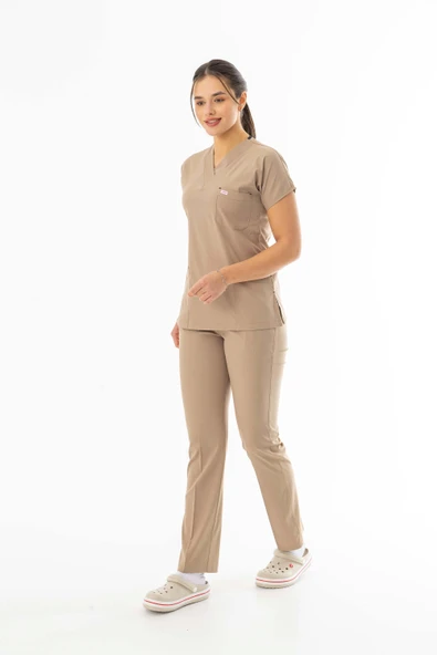 Likra Yarasa Kol Doktor Hemşire Forması Alt Üst Takım Bej (LYRS1007) - 5