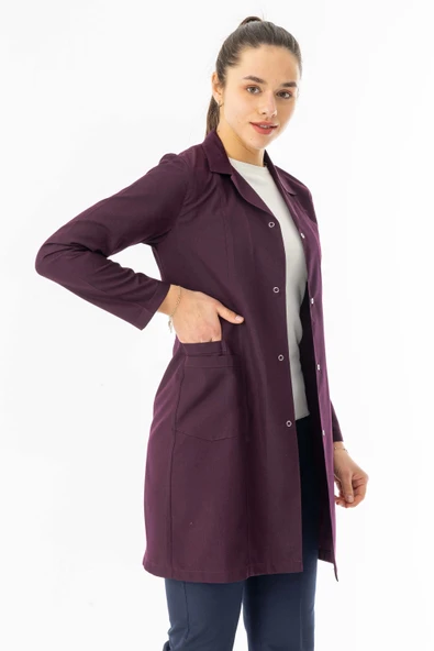 Spor Yaka Uzun Kol Kadın Personel Önlüğü Alpaka Kumaş Mürdüm (RNK109) - 2