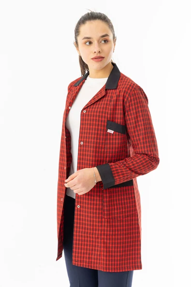 Spor Yaka Uzun Kol Kadın Personel Önlüğü Alpaka Kumaş Kırmızı Kareli (RNK105) - 2