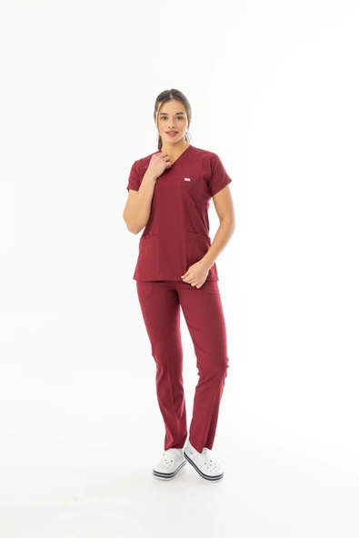 Likra Yarasa Kol Doktor Hemşire Forması Alt Üst Takım Bordo (LYRS1003) - 3