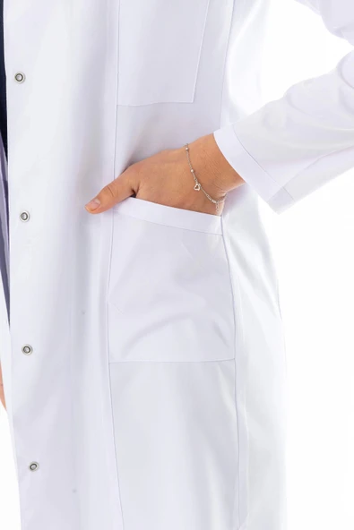 Spor Yaka Uzun Boy Kadın Doktor Önlüğü Alpaka Kumaş Beyaz (BKO007) - 5