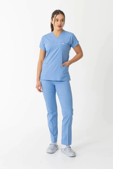 Likra Yarasa Kol Doktor Hemşire Forması Alt Üst Takım Açık Mavi (LYRS10013) - 2
