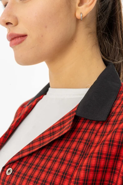 Spor Yaka Uzun Kol Kadın Personel Önlüğü Alpaka Kumaş Kırmızı Kareli (RNK105) - 7