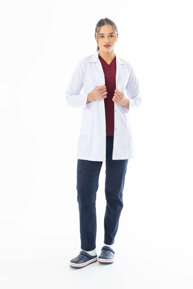 Spor Yaka Orta Boy Kadın Doktor Önlüğü Alpaka Kumaş Beyaz (BKO006)