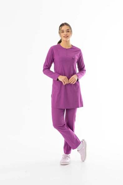 Likra Uzun Kol Doktor Hemşire Forması Alt Üst Takım Fuşya (LTST200015) - 2