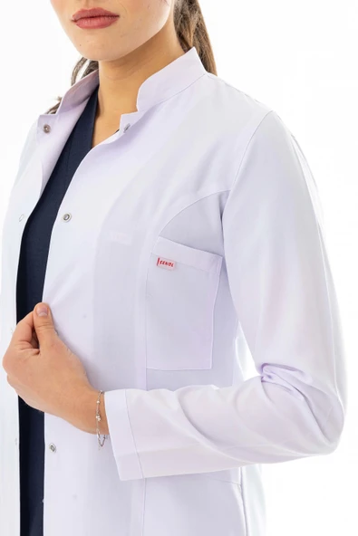 Hakim Yaka Uzun Boy Kadın Doktor Önlüğü Alpaka Kumaş Beyaz (BKO003) - 6