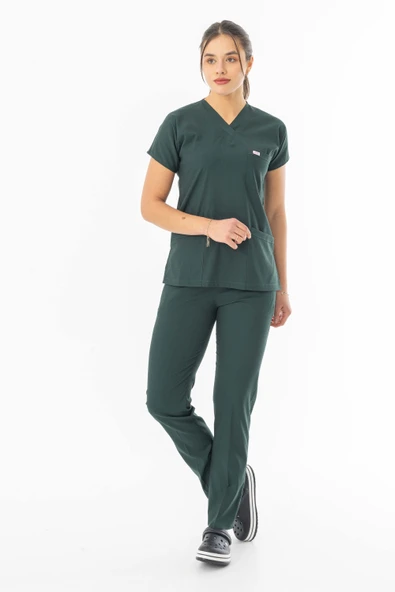 Likra Yarasa Kol Doktor Hemşire Forması Alt Üst Takım Avcı Yeşili (LYRS1004) - 2