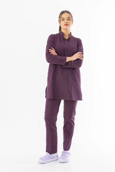 Terikoton Uzun Kol Doktor Hemşire Forması Alt Üst Takım Mürdüm (TTST0005) - 2