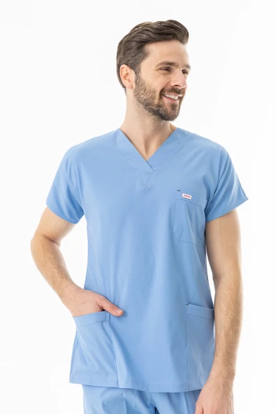 Likra Yarasa Kol Doktor Hemşire Forması Alt Üst Takım Açık Mavi (LYRS10013) - 9