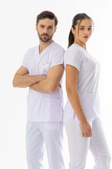 Likra Yarasa Kol Doktor Hemşire Forması Alt Üst Takım Beyaz (LYRS1014) - 6