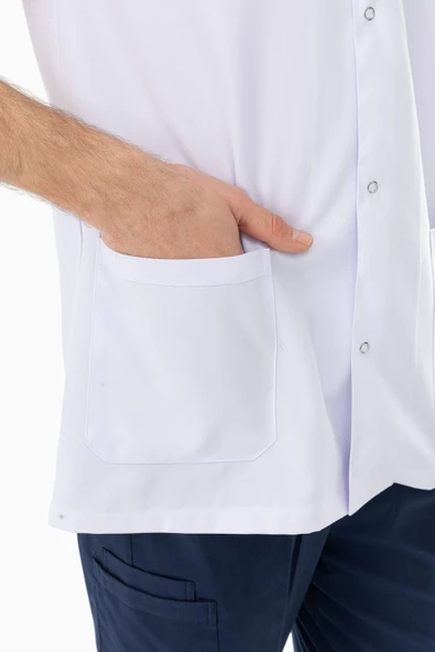Hakim Yaka Kısa Kol Erkek Doktor Önlüğü Alpaka Kumaş Beyaz (BEO105) - 9