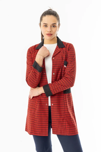 Spor Yaka Uzun Kol Kadın Personel Önlüğü Alpaka Kumaş Kırmızı Kareli (RNK105) - 3