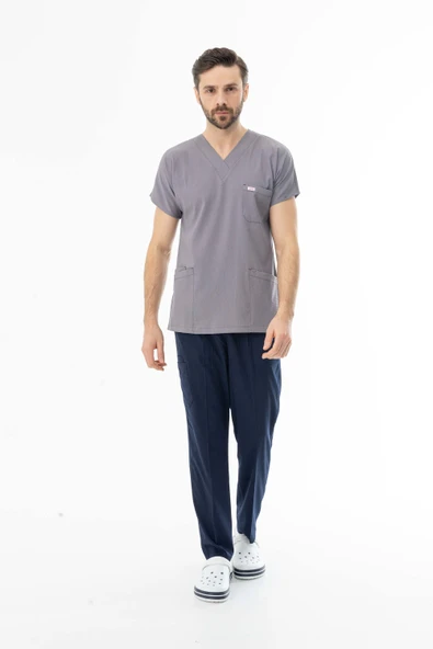 Gofre Likra Yarasa Kol Doktor Hemşire Tek Üst Forma Açık Gri (GFR3008) - 8