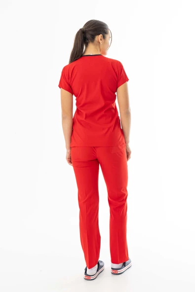 Likra Yarasa Kol Doktor Hemşire Forması Alt Üst Takım Kırmızı (LYRS1008) - 5
