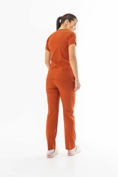 Likra Yarasa Kol Doktor Hemşire Forması Alt Üst Takım Kiremit (LYRS1005) - 5