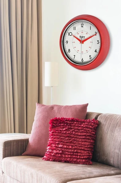 New-Max Premium Serisi Retro Tasarım Metal Kadranlı Bombeli Cam Özellikli 30 cm Ev ve Ofis Saati Kırmızı