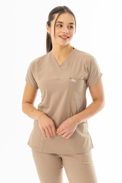 Likra Yarasa Kol Doktor Hemşire Forması Alt Üst Takım Bej (LYRS1007) - 3