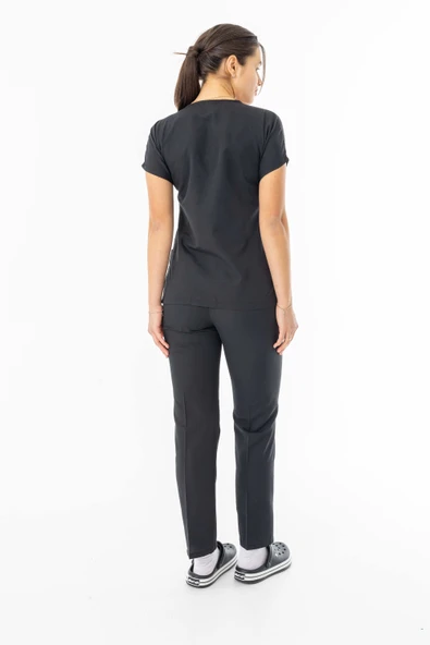 Terikoton Yarasa Kol Doktor Hemşire Forması Alt Üst Takım Siyah (TYRS0002) - 4