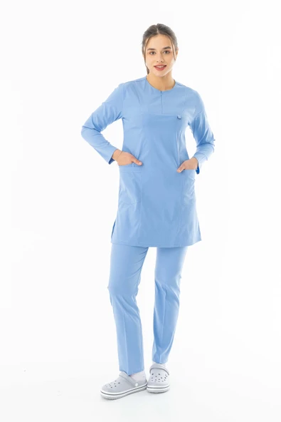 Likra Uzun Kol Doktor Hemşire Forması Alt Üst Takım Açık Mavi (LTST20019)