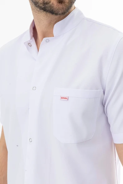 Hakim Yaka Kısa Kol Erkek Doktor Önlüğü Alpaka Kumaş Beyaz (BEO105) - 7