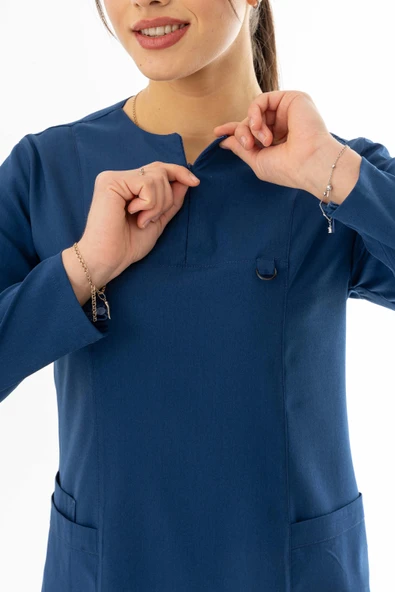 Likra Uzun Kol Doktor Hemşire Forması Alt Üst Takım Petrol Mavisi (LTST20006) - 5