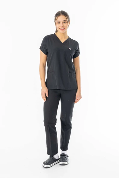 Terikoton Yarasa Kol Doktor Hemşire Forması Alt Üst Takım Siyah (TYRS0002)