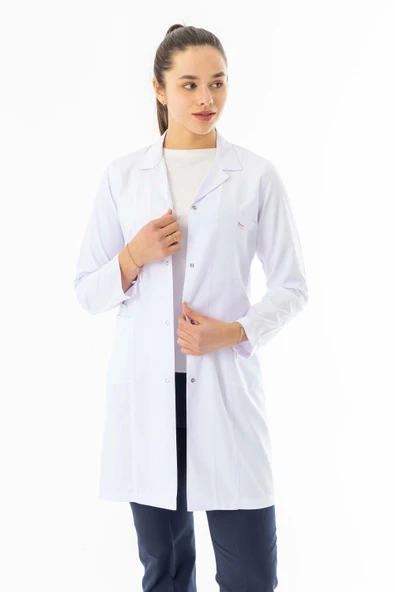 Spor Yaka Uzun Kol Kadın Doktor Önlüğü Alpaka Kumaş Beyaz (RNKO101) - 2