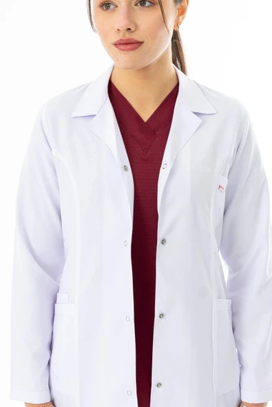 Spor Yaka Orta Boy Kadın Doktor Önlüğü Alpaka Kumaş Beyaz (BKO006) - 7