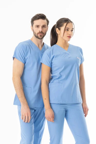 Likra Yarasa Kol Doktor Hemşire Forması Alt Üst Takım Açık Mavi (LYRS10013) - 6