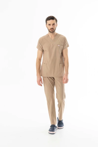 Likra Yarasa Kol Doktor Hemşire Forması Alt Üst Takım Bej (LYRS1007) - 6