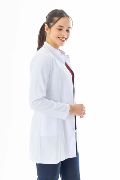 Hakim Yaka Orta Boy Kadın Doktor Önlüğü Alpaka Kumaş Beyaz (BKO002) - 4