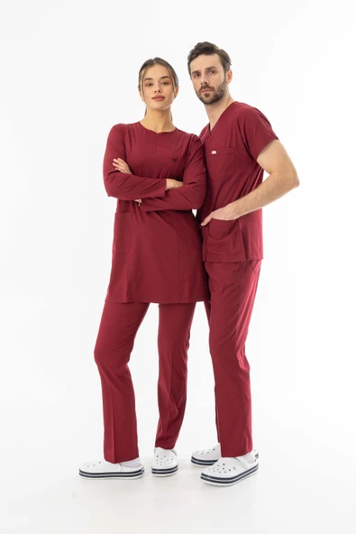 Likra Uzun Kol Doktor Hemşire Forması Alt Üst Takım Bordo (LTST20003) - 7