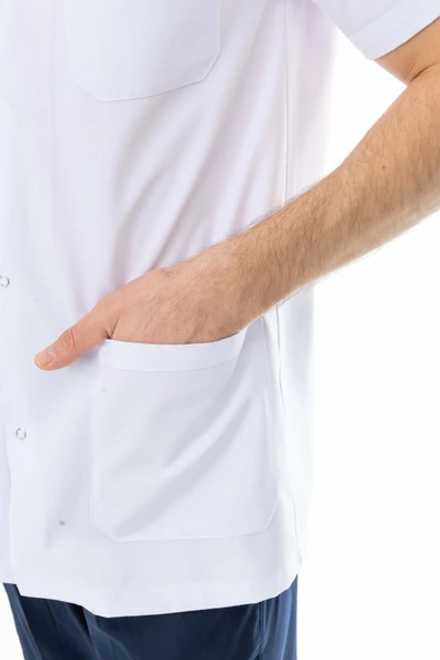 Hakim Yaka Kısa Kol Erkek Doktor Önlüğü Alpaka Kumaş Beyaz (BEO105) - 8