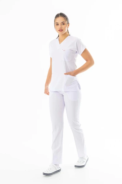 Likra Yarasa Kol Doktor Hemşire Forması Alt Üst Takım Beyaz (LYRS1014) - 2