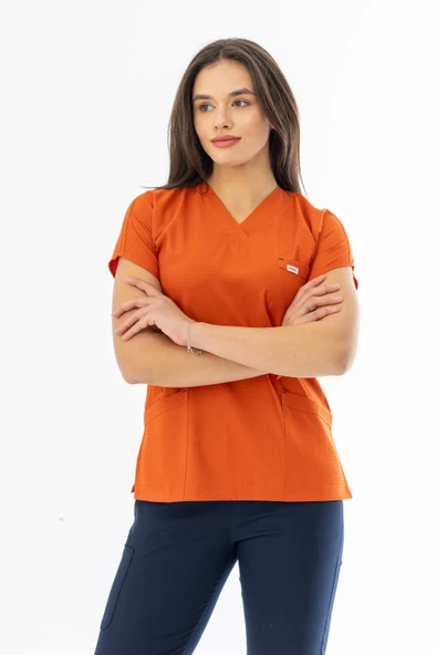 Gofre Likra Yarasa Kol Doktor Hemşire Tek Üst Forma Kiremit (GFR3007) - 3