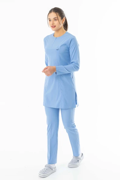 Likra Uzun Kol Doktor Hemşire Forması Alt Üst Takım Açık Mavi (LTST20019) - 4