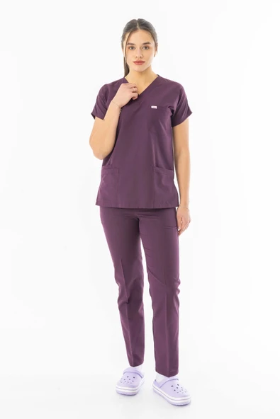 Terikoton Yarasa Kol Doktor Hemşire Forması Alt Üst Takım Mürdüm (TYRS0005)