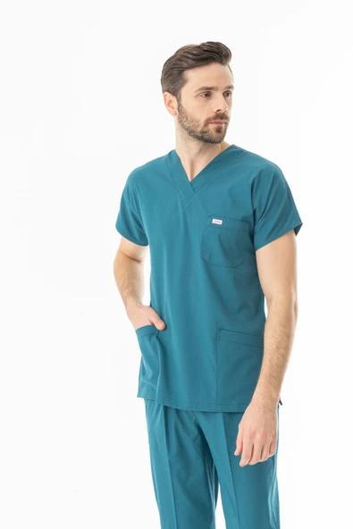 Likra Yarasa Kol Doktor Hemşire Forması Alt Üst Takım Petrol Yeşili (LYRS1015) - 8