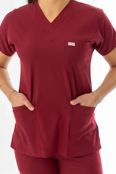 Likra Yarasa Kol Doktor Hemşire Forması Alt Üst Takım Bordo (LYRS1003) - 5