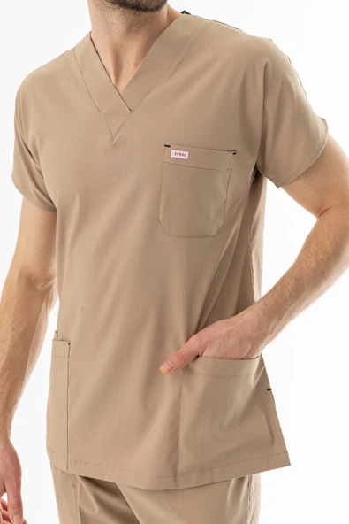 Likra Yarasa Kol Doktor Hemşire Forması Alt Üst Takım Bej (LYRS1007) - 8