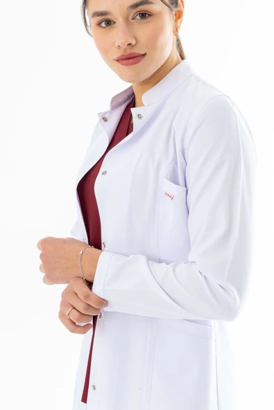 Hakim Yaka Orta Boy Kadın Doktor Önlüğü Alpaka Kumaş Beyaz (BKO002) - 6