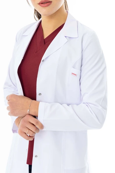 Spor Yaka Orta Boy Kadın Doktor Önlüğü Alpaka Kumaş Beyaz (BKO006) - 3