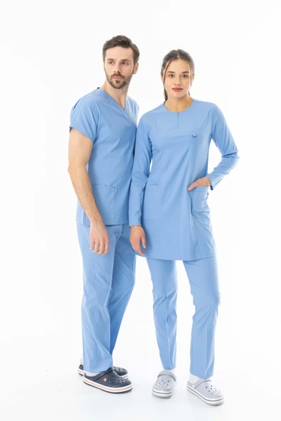 Likra Uzun Kol Doktor Hemşire Forması Alt Üst Takım Açık Mavi (LTST20019) - 10