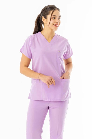Terikoton Yarasa Kol Doktor Hemşire Forması Alt Üst Takım Lila (TYRS0008) - 3