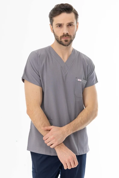 Gofre Likra Yarasa Kol Doktor Hemşire Tek Üst Forma Açık Gri (GFR3008) - 7