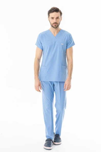 Likra Yarasa Kol Doktor Hemşire Forması Alt Üst Takım Açık Mavi (LYRS10013) - 7