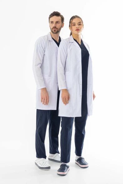 Spor Yaka Uzun Boy Kadın Doktor Önlüğü Alpaka Kumaş Beyaz (BKO007) - 9