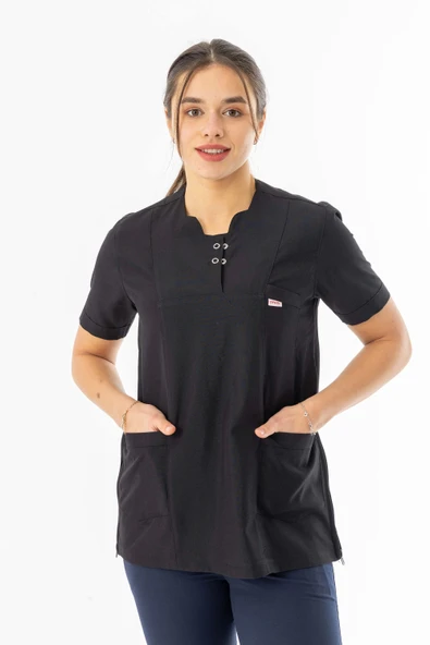 Kısa Kol Hamile Doktor Hemşire Önlüğü Alpaka Kumaş Siyah (HML003) - 2