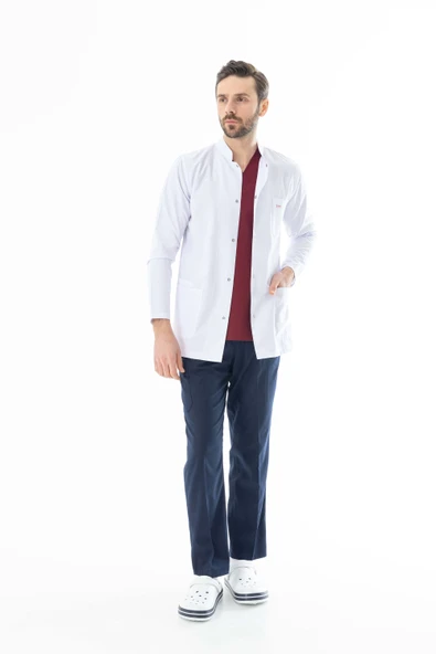 Hakim Yaka Uzun Boy Erkek Doktor Önlüğü Alpaka Kumaş Beyaz (BEO103)